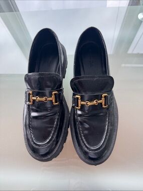 Massimo Dutti Black Leather Loafers with Gold Horsebit